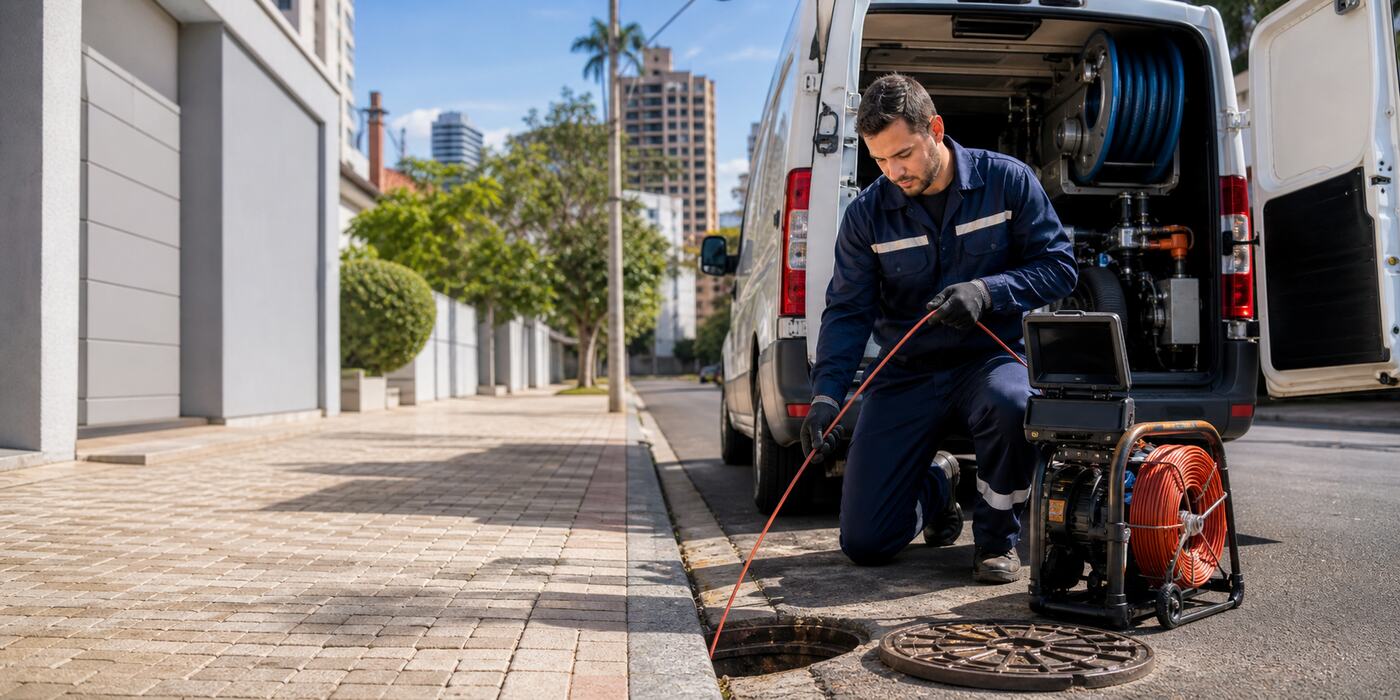 Técnico de desentupidora com equipamentos para atendimento hidráulico